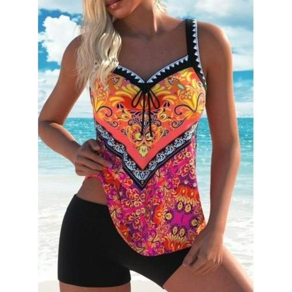 Rotita Women's Tankini Swim Set Small/XS 4-6 Tribal Print Shorts Beachy Coastal